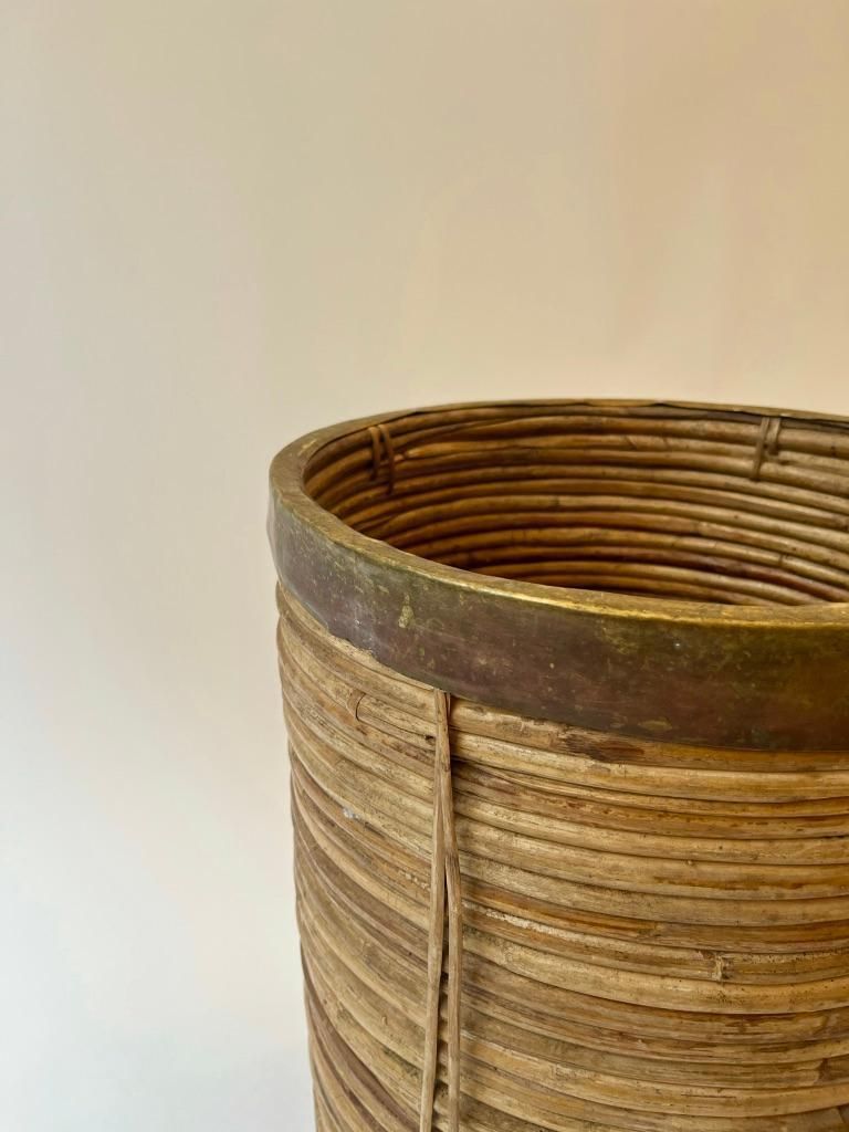 Xlarge Rattan & Brass Basket Or Planter Ca. 1970s photo Garden Decor
