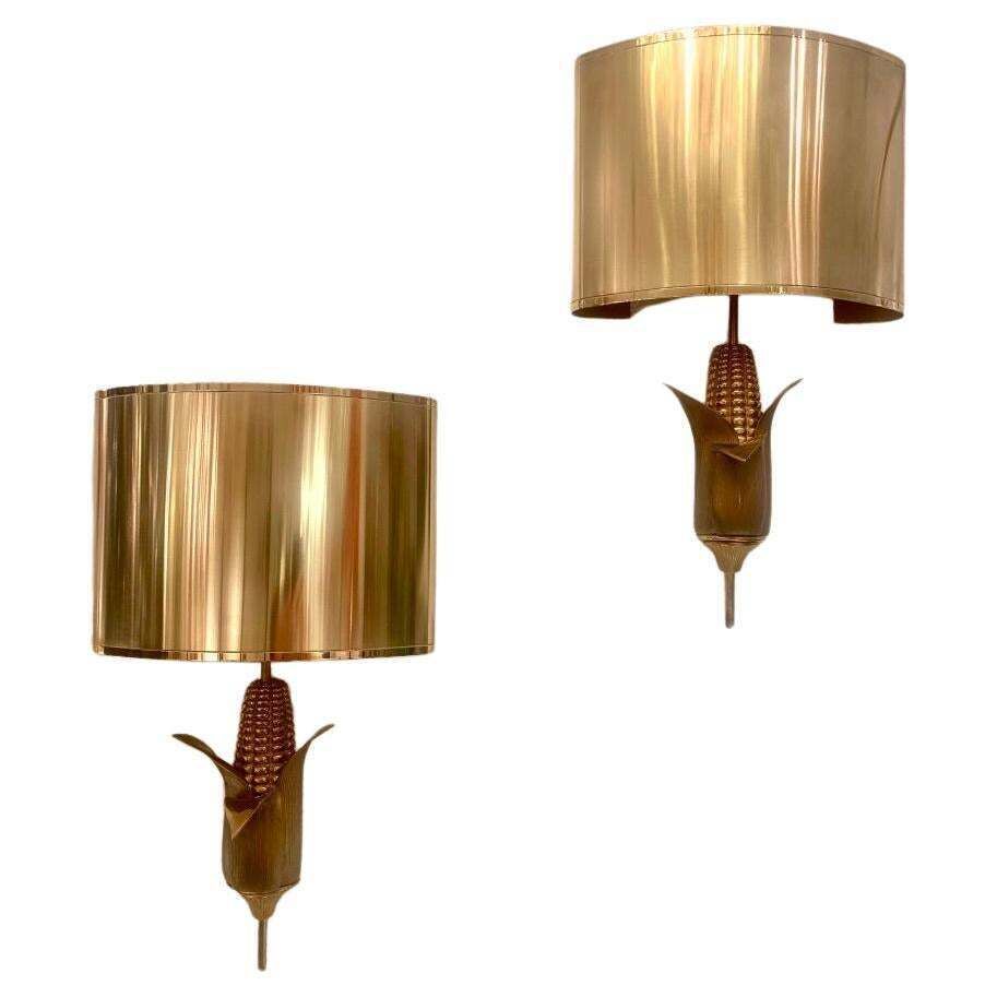 Signed Maison Charles Pair Of Bronze & Brass "Corn" Wall Lamps, France, 1970s