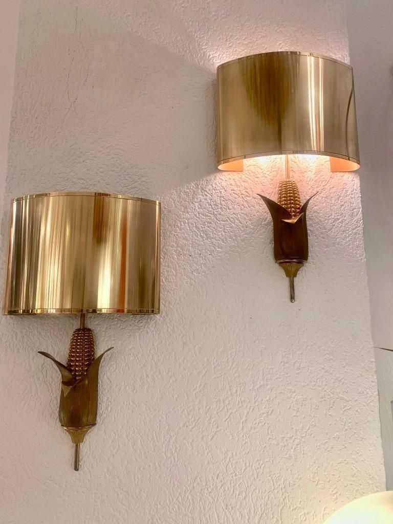 Signed Maison Charles Pair Of Bronze & Brass "Corn" Wall Lamps, France, 1970s photo for sale