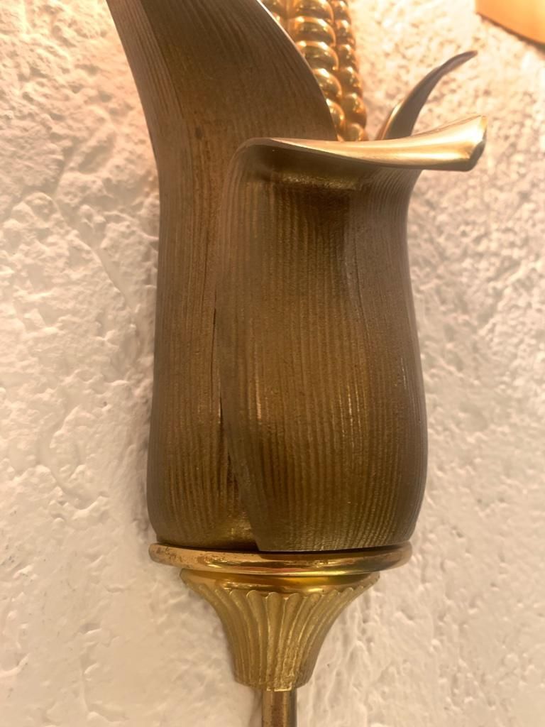Signed Maison Charles Pair Of Bronze & Brass "Corn" Wall Lamps, France, 1970s photo vinterior