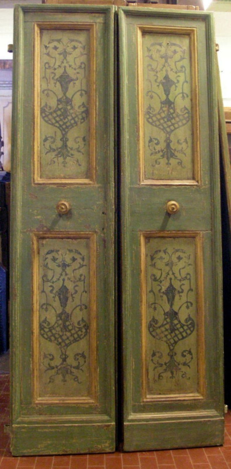 Double Leaf Door In Lacquered Wood, Richly Painted Panels, Italy photo for sale