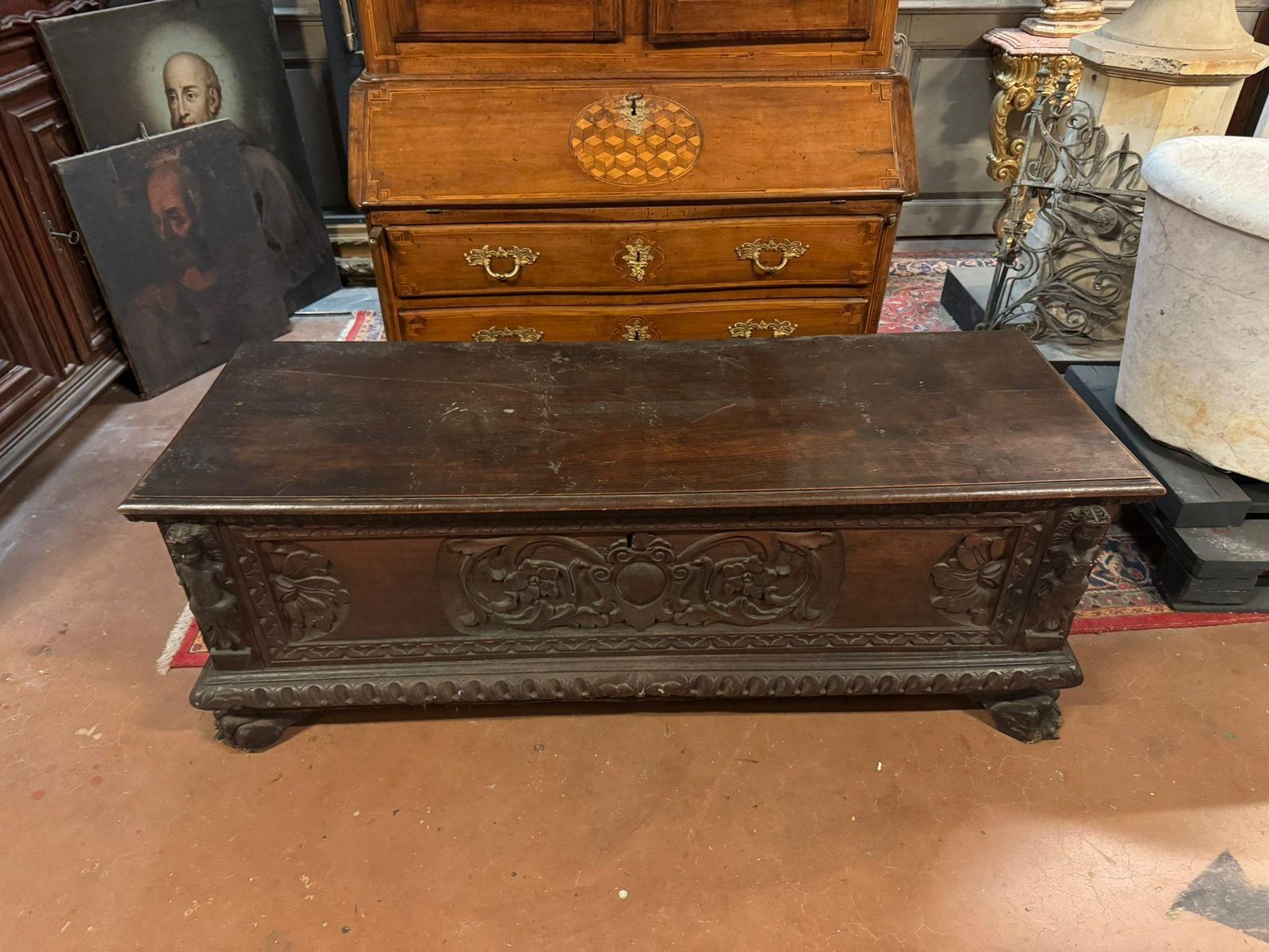 879 / 5.000 Elegant And Imposing Carved Chest, Made Of Solid Dark Walnut, Italy photo furniture