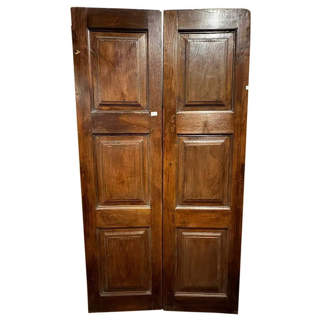 Antique Door In Walnut Wood, Two Leaves With Carved Panels, Italy