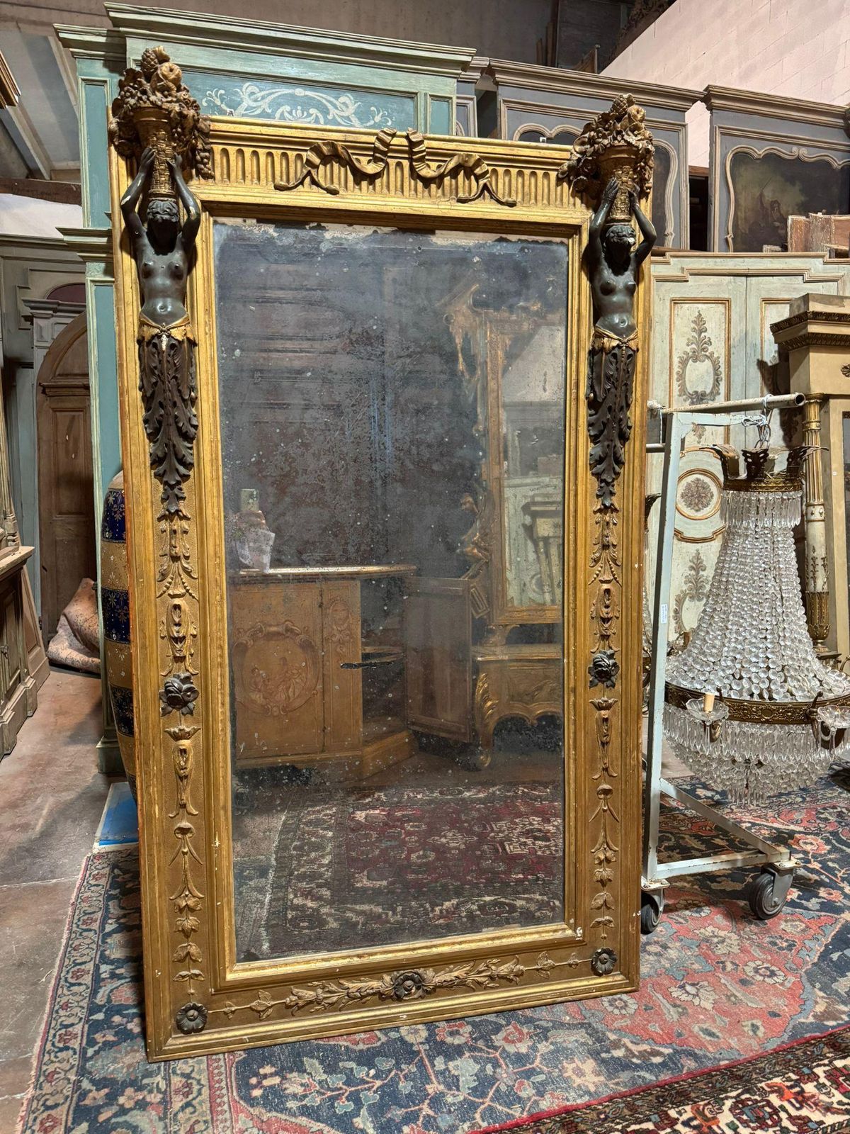 Neoclassical Mirror In Richly Carved Wood With Caryatids And Gilded, Italy photo furniture