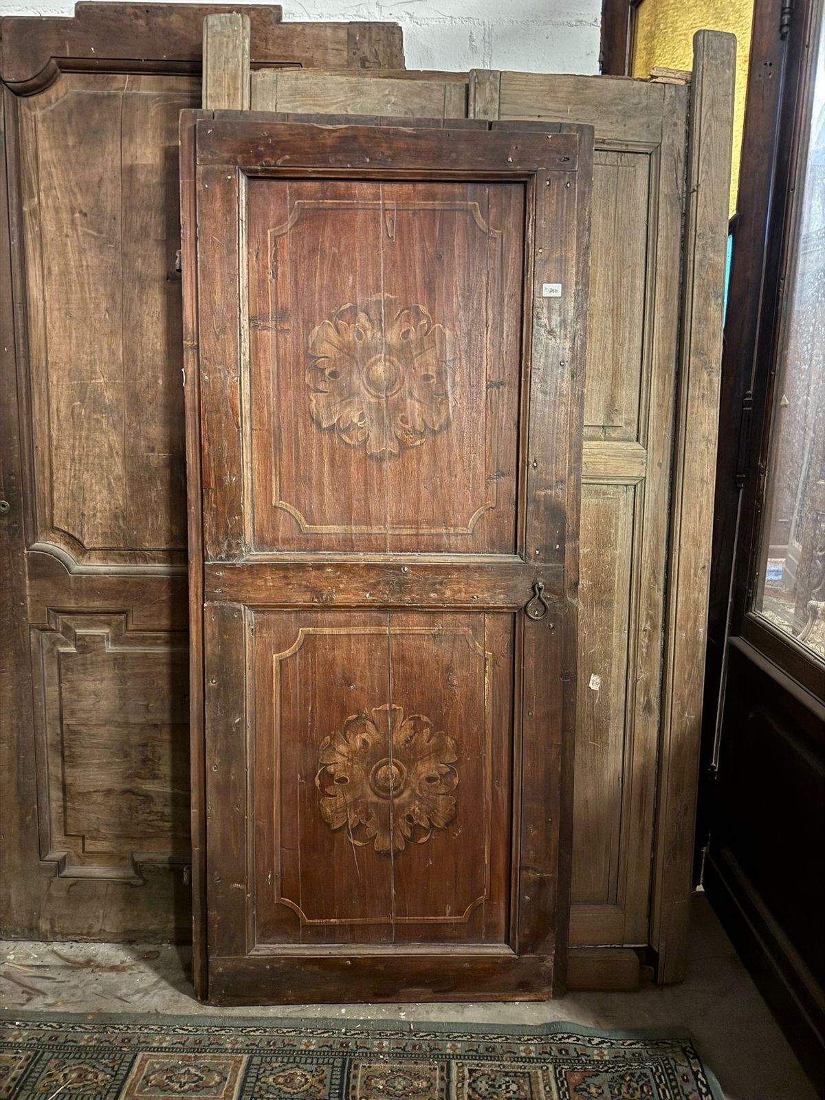 Rustic Single Leaf Door In Larch Wood, Squared And Painted Panels, Italy photo for sale