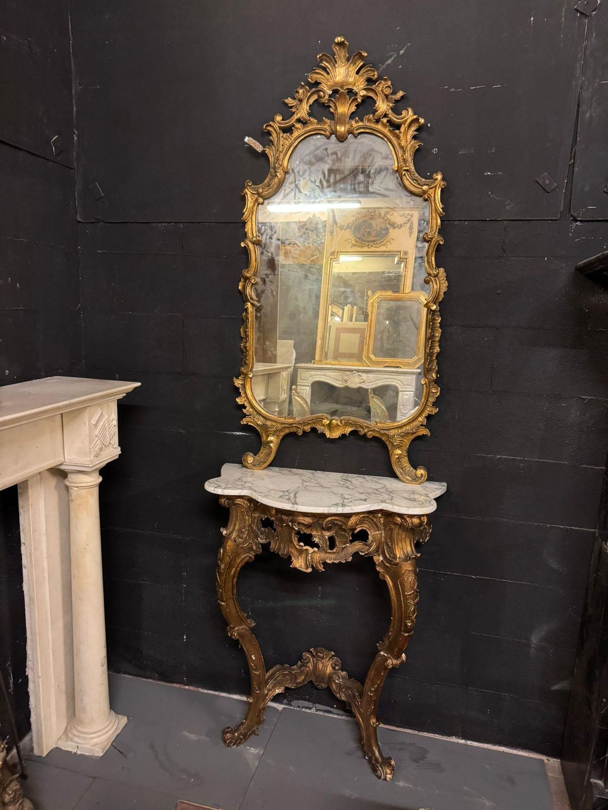Console With Mirror In Carved And Gilded Wood And Base Table, Italy photo for sale