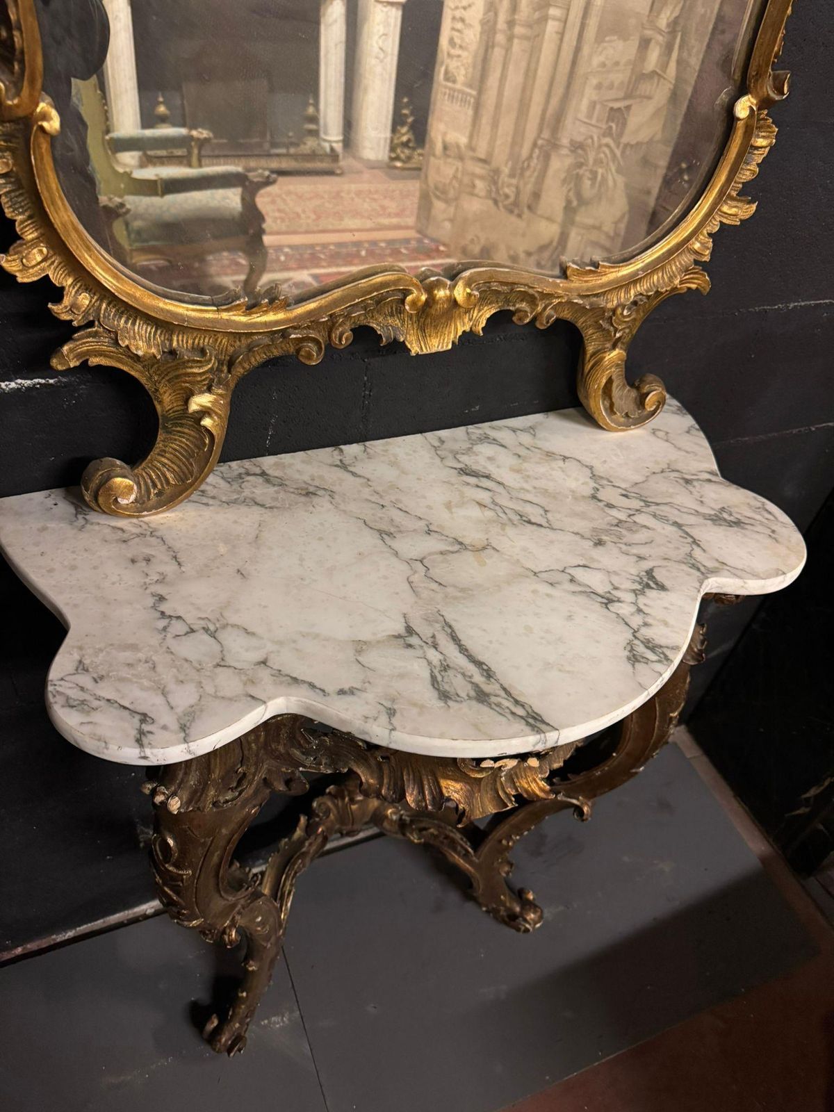photo for sale Console With Mirror In Carved And Gilded Wood And Base Table, Italy