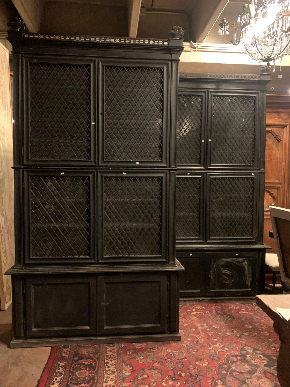 Pair Of Display Cabinets In Black Lacquered Wood With Mesh Glass, Italy photo Furniture