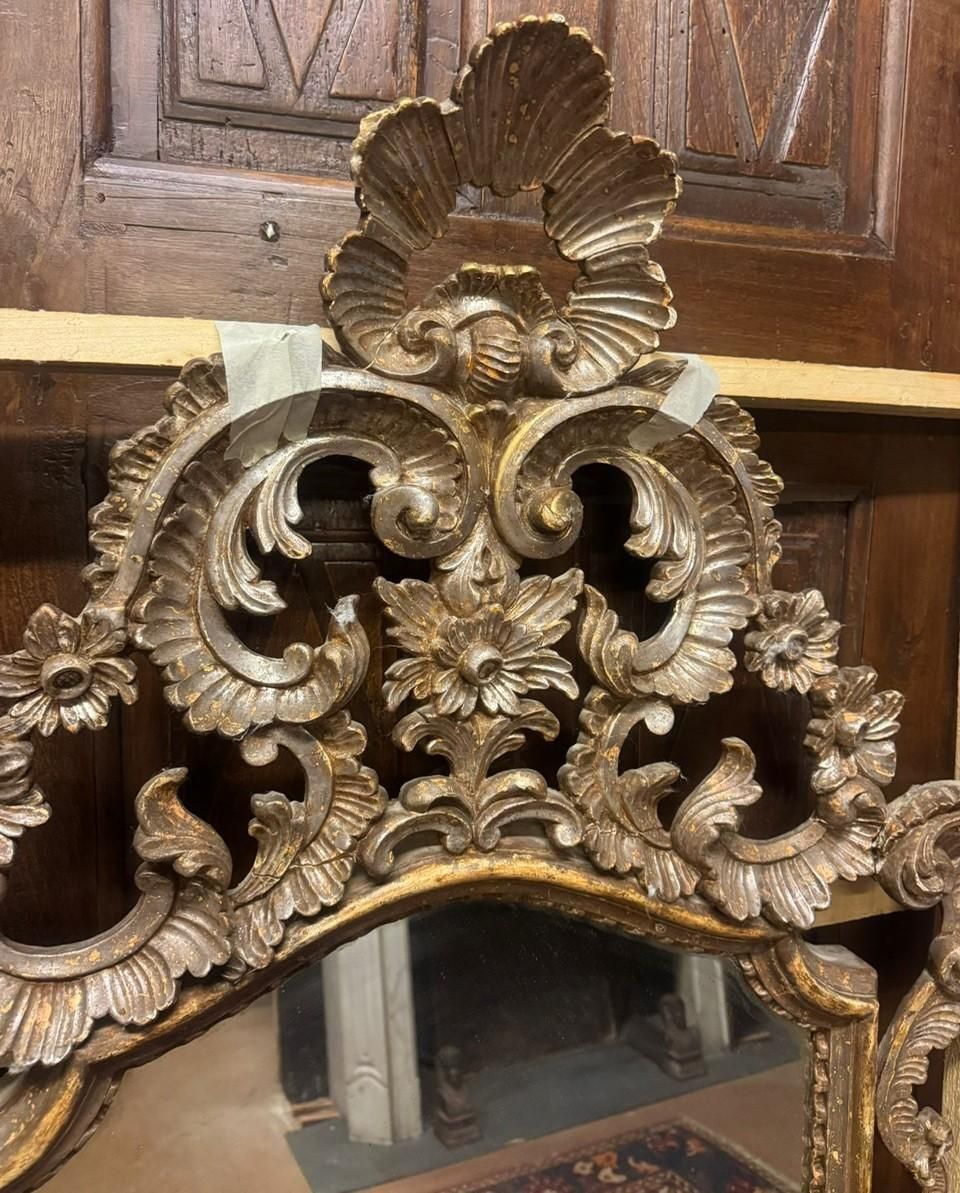 Mirror In Silver Lacquered Wood, Richly Carved With Open Carved Top, Italy photo buy
