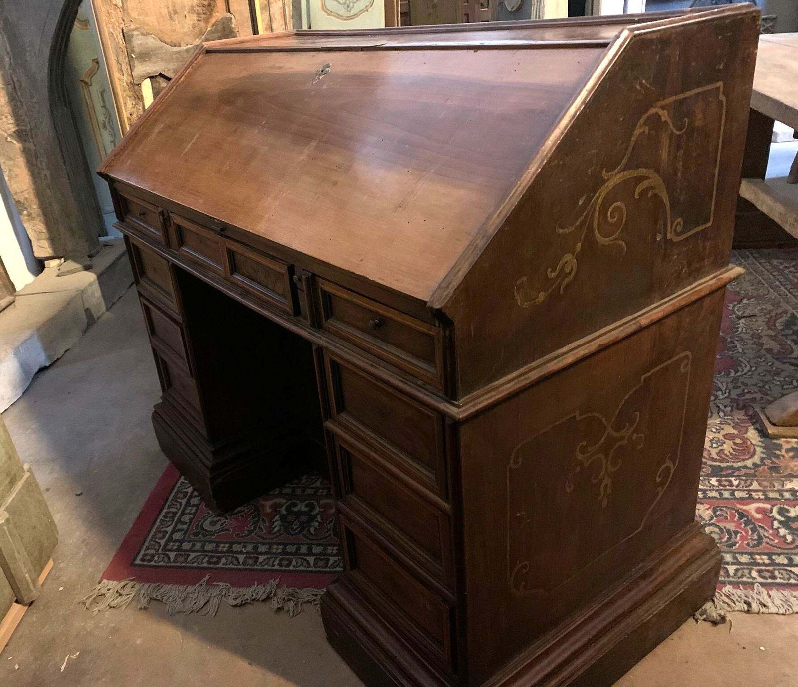 Walnut Reception Desk With Rich Decorations On The Sides And Back, Italy photo for sale