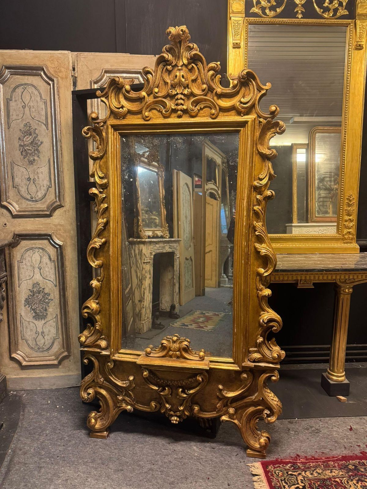 Floor Mirror In Gilded Wood, Richly Carved With Scroll Decorations, Italy photo furniture