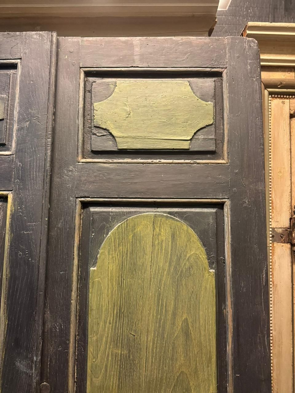 Lacquered Wooden Door, Two Leaves, Panels Carved With Geometric Figures, Italy photo Home Fixtures
