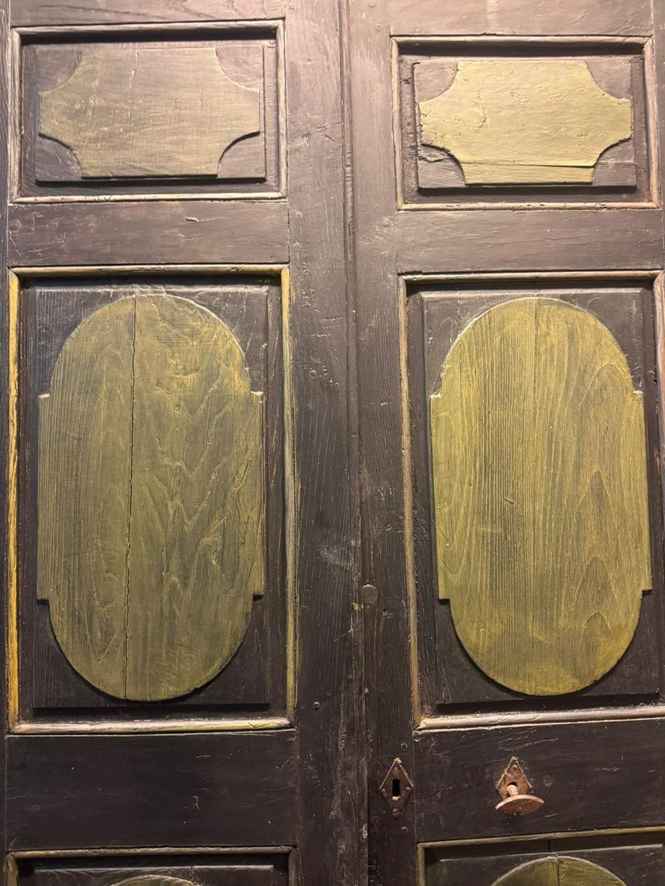 Lacquered Wooden Door, Two Leaves, Panels Carved With Geometric Figures, Italy photo vinterior