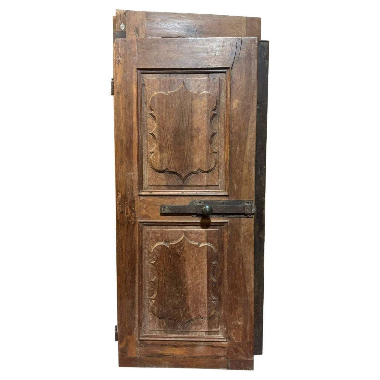 Interior Door In Walnut Wood, One Leaf With Carved Wavy Panels, Italy