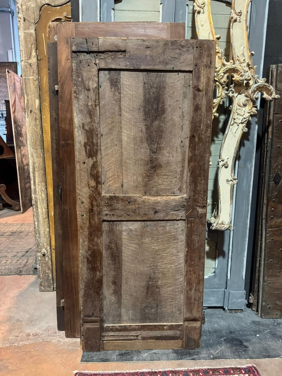 Interior Door In Walnut Wood, One Leaf With Carved Wavy Panels, Italy photo for sale