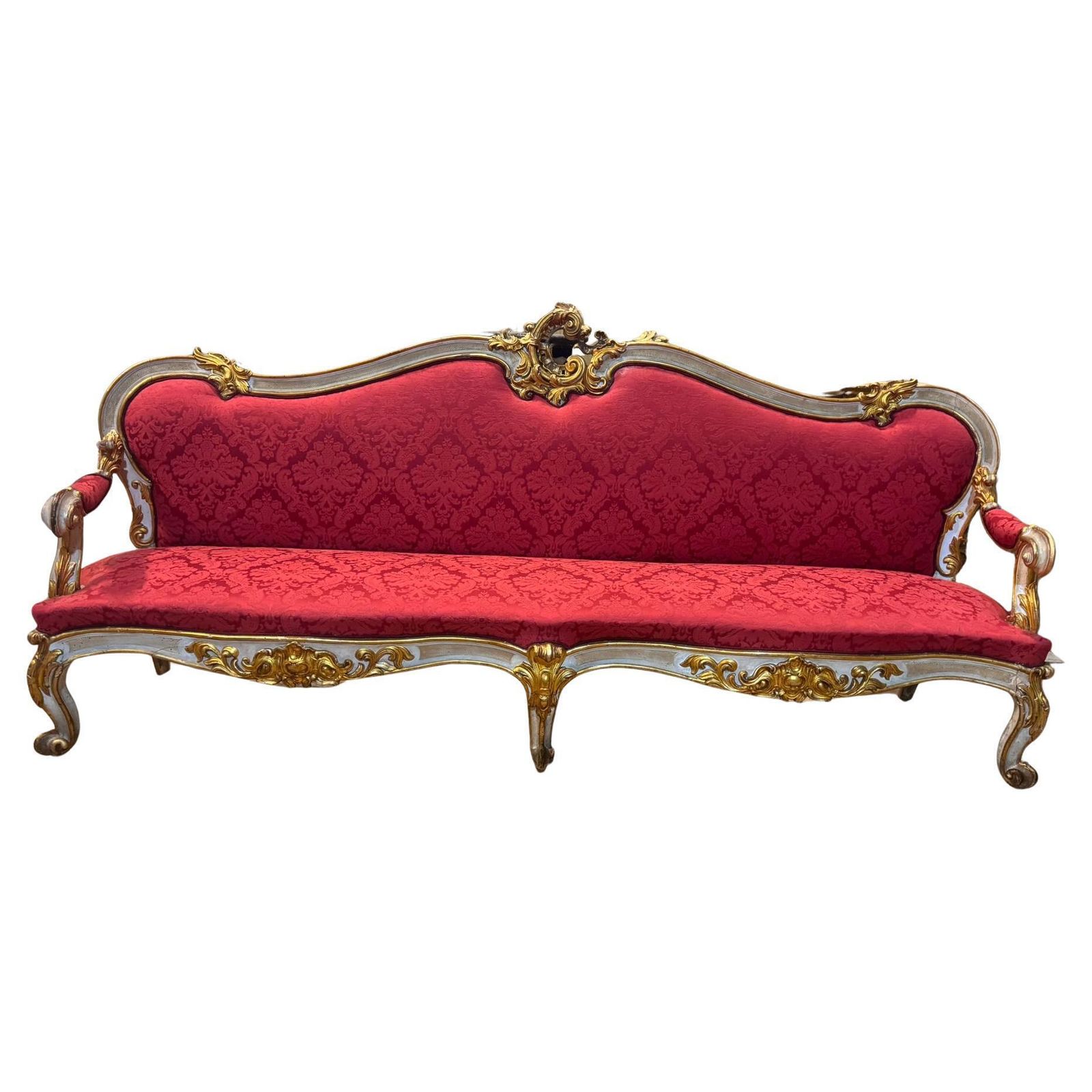 Pair Of Lacquered Gilded Carved Sofas, Upholstered In Red Brocade, Italy photo furniture