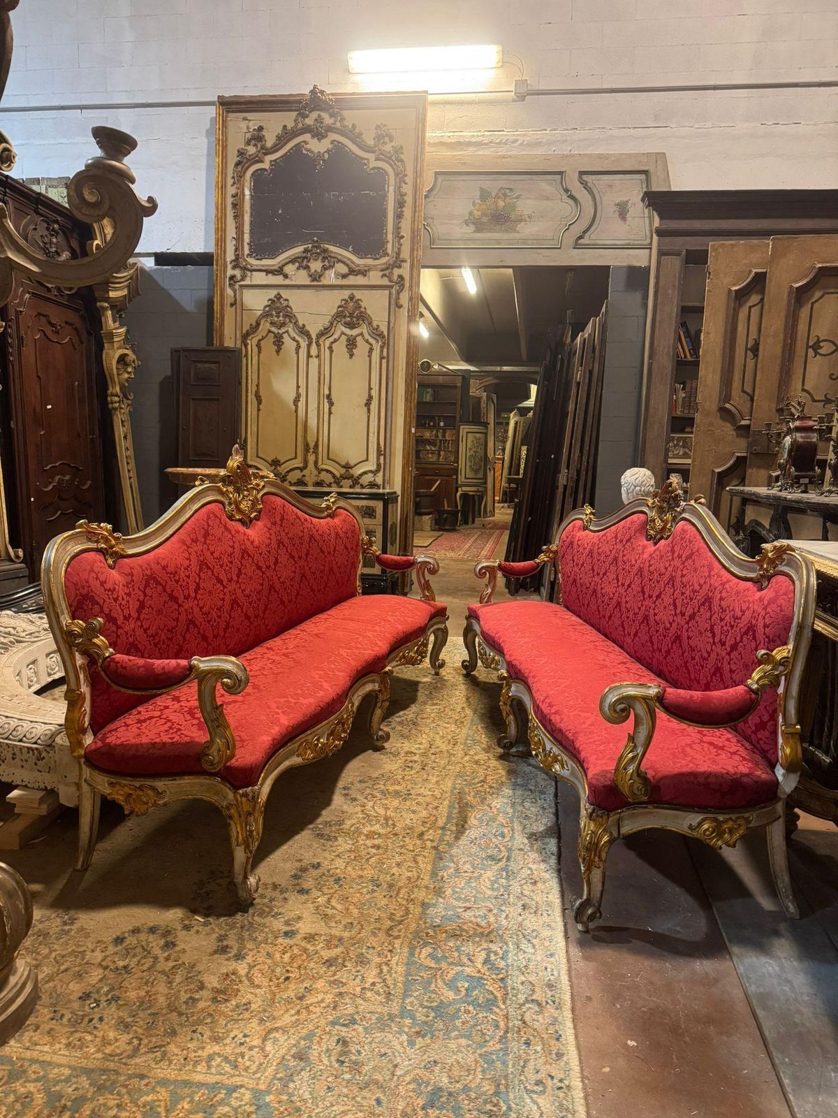Pair Of Lacquered Gilded Carved Sofas, Upholstered In Red Brocade, Italy photo for sale