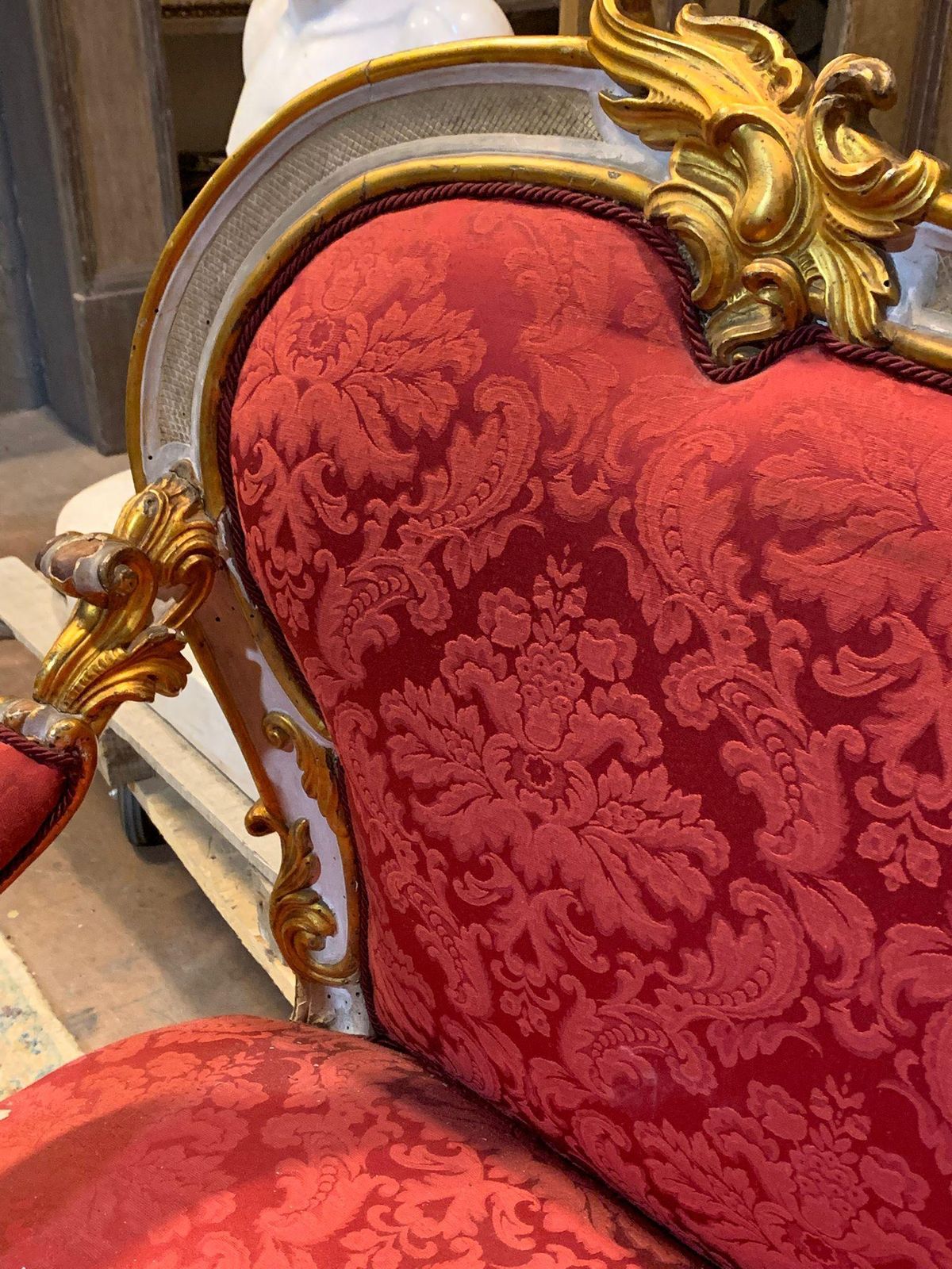 Pair Of Lacquered Gilded Carved Sofas, Upholstered In Red Brocade, Italy photo vinterior