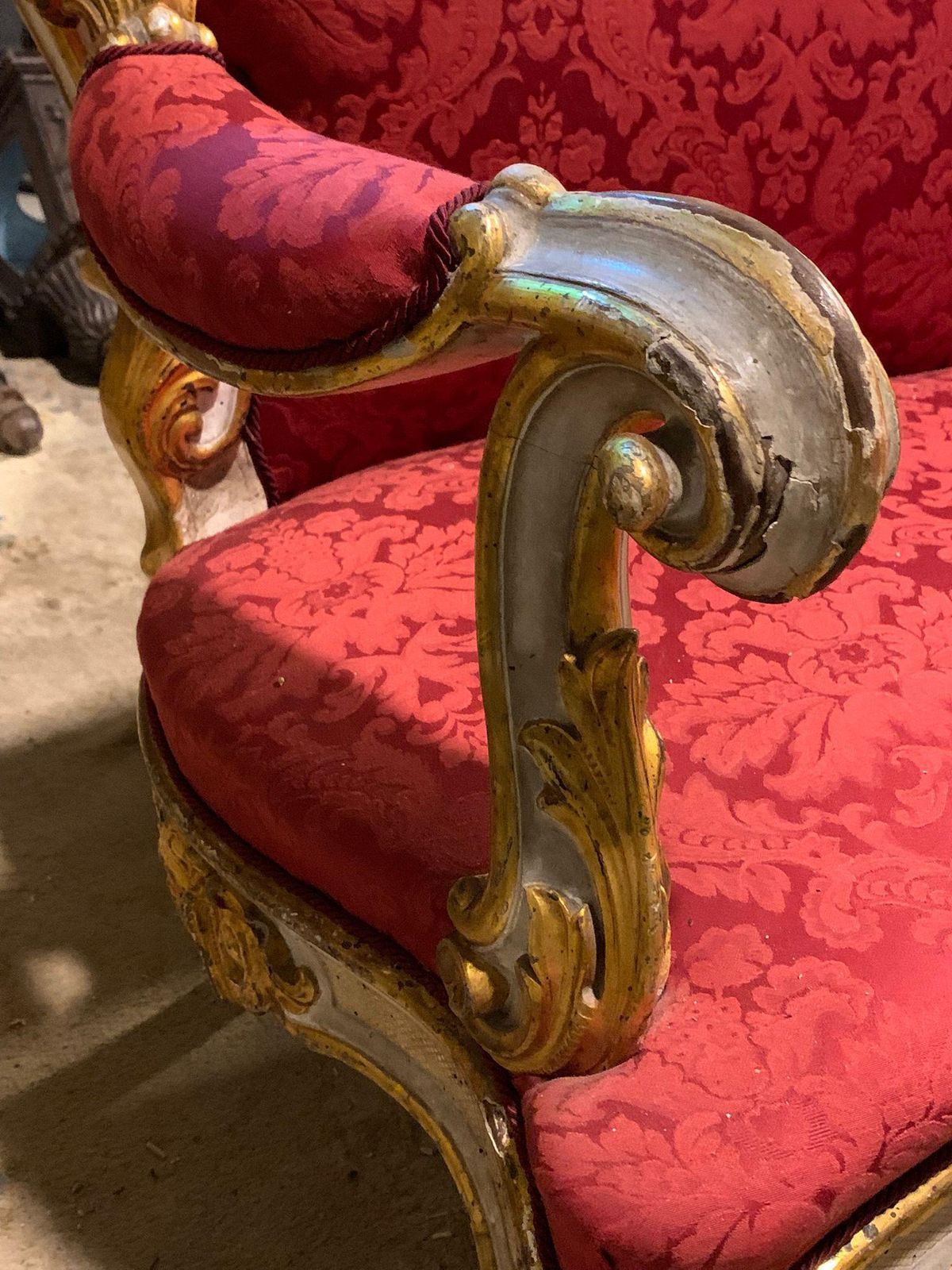 photo furniture Pair Of Lacquered Gilded Carved Sofas, Upholstered In Red Brocade, Italy
