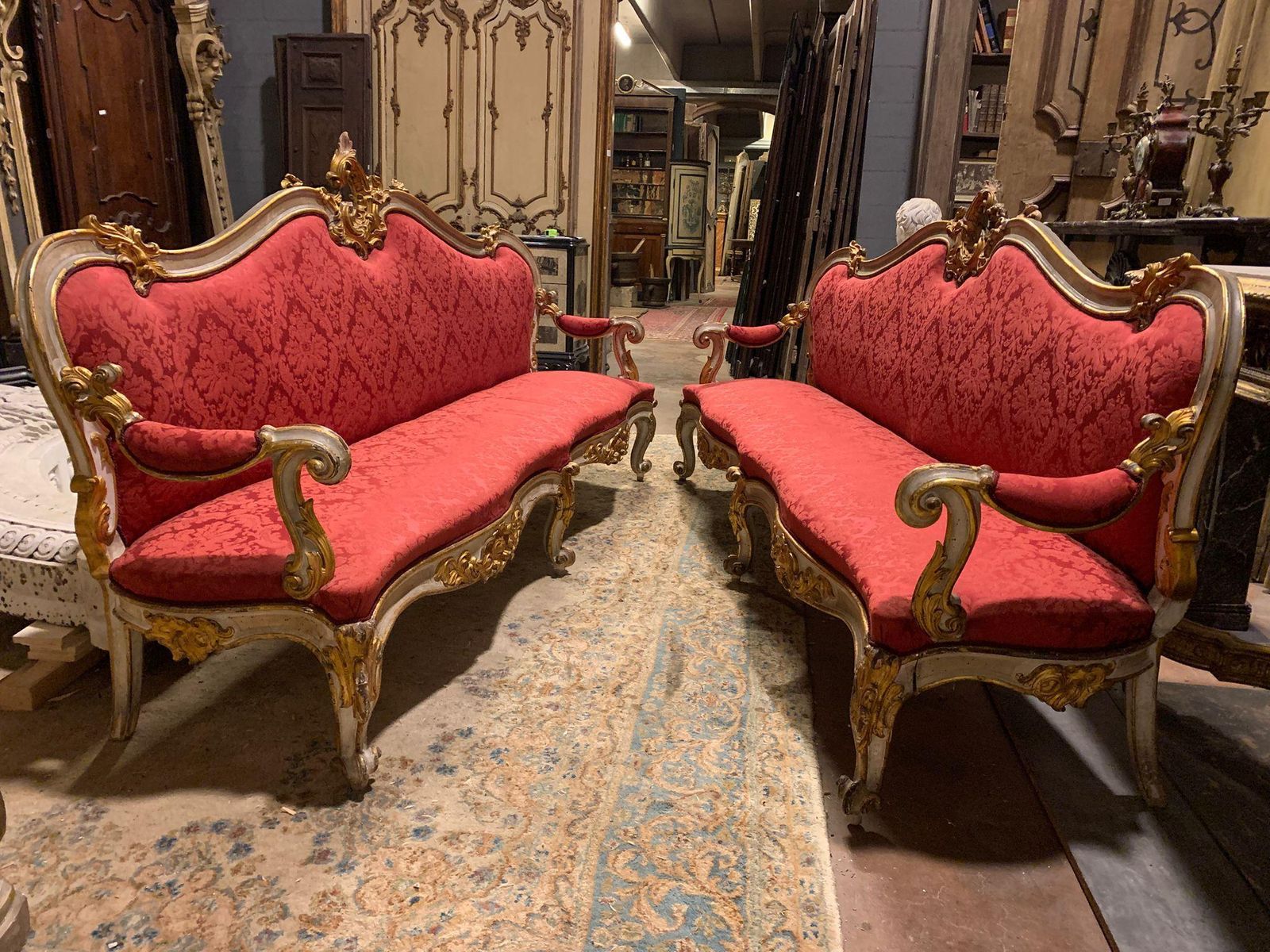 Furniture Pair Of Lacquered Gilded Carved Sofas, Upholstered In Red Brocade, Italy photo