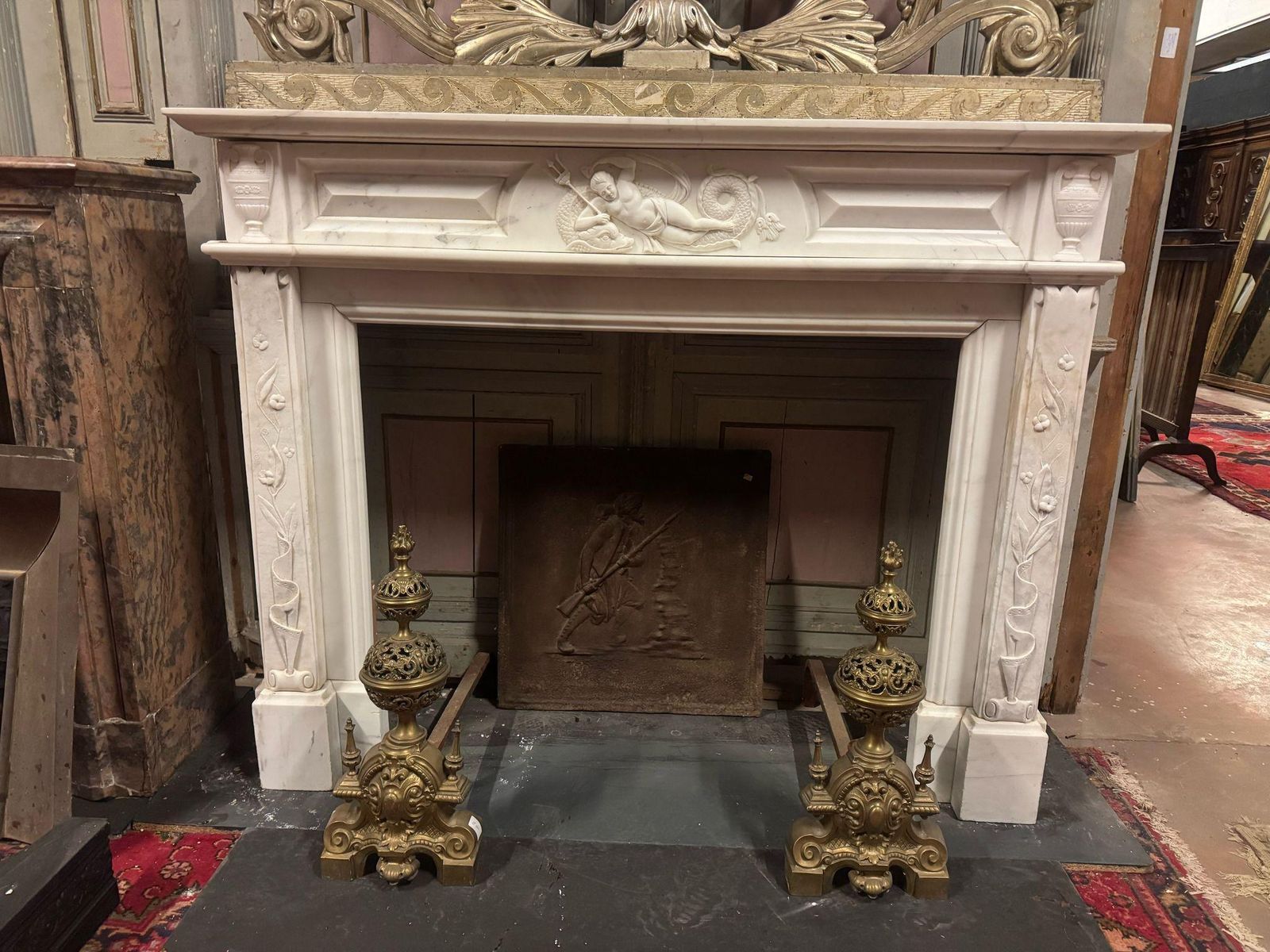 Important Mantle Fireplace In White Carrara Marble Richly Carved, Italy photo for sale