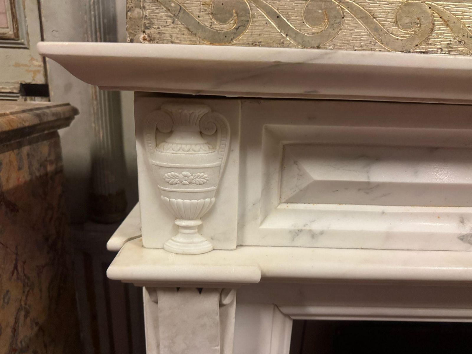 Important Mantle Fireplace In White Carrara Marble Richly Carved, Italy photo vinterior