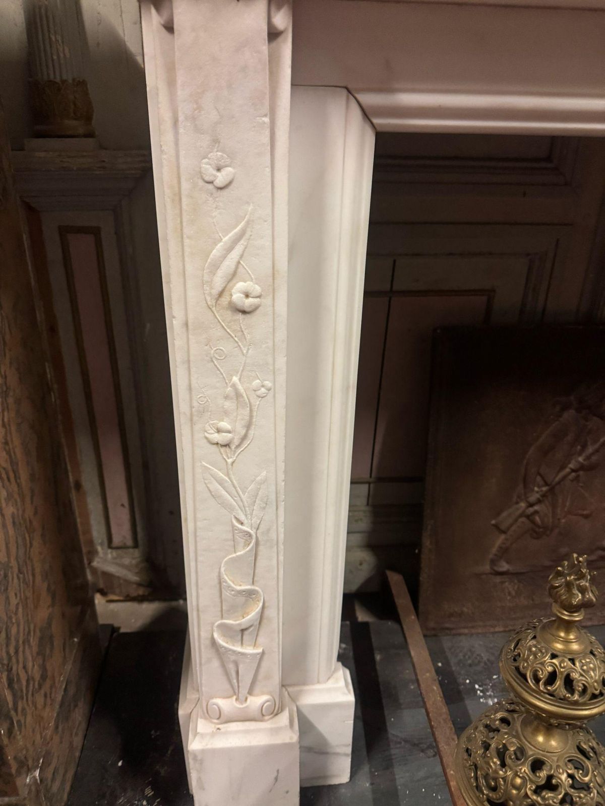 Important Mantle Fireplace In White Carrara Marble Richly Carved, Italy photo buy