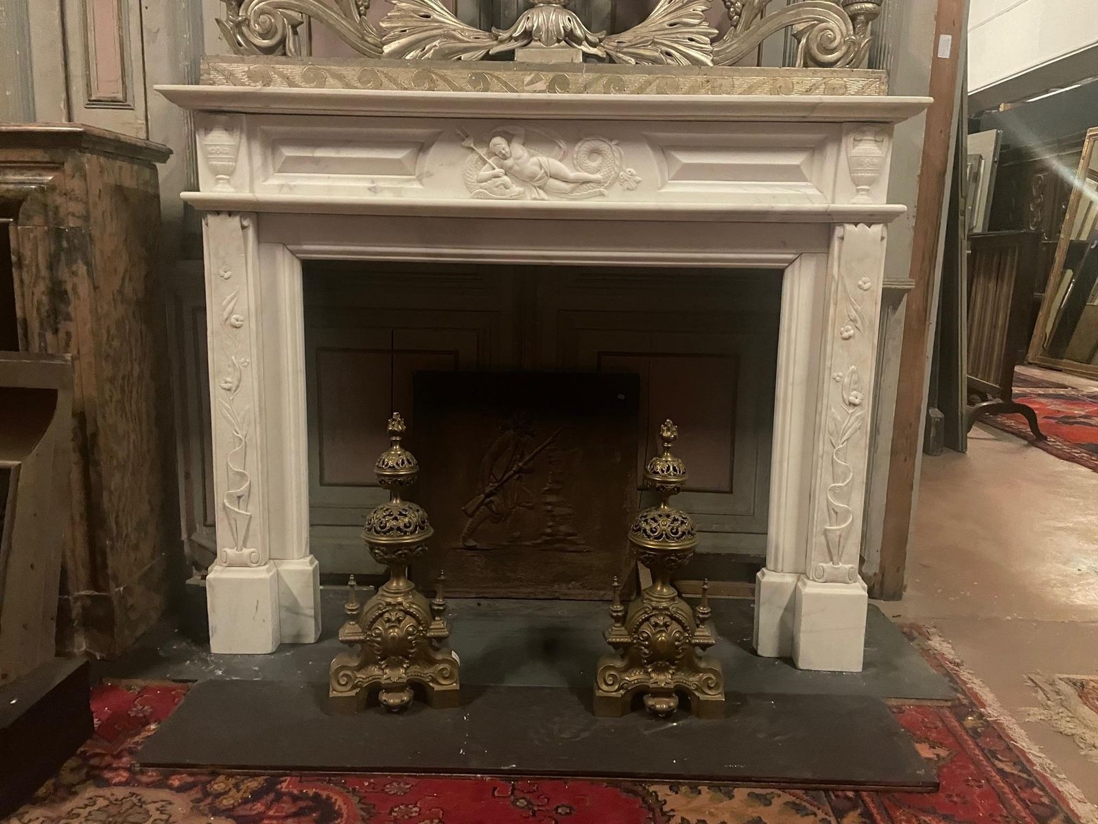 5751.0 Important Mantle Fireplace In White Carrara Marble Richly Carved, Italy photo