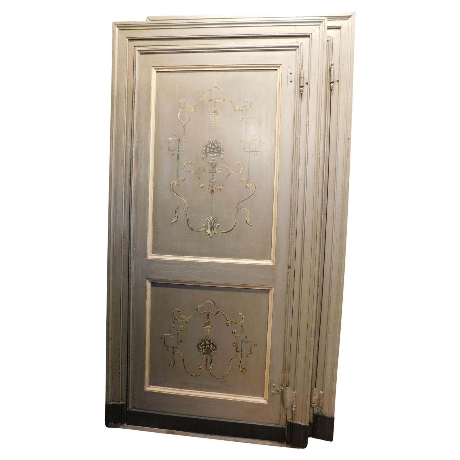 Set Of 2 Lacquered And Painted Single Leaf Doors With Frame, Italy