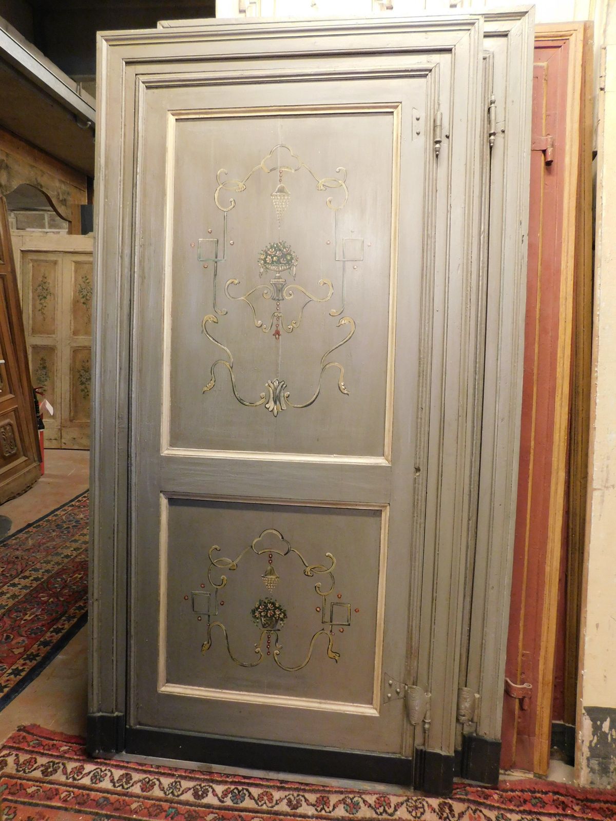 Set Of 2 Lacquered And Painted Single Leaf Doors With Frame, Italy photo for sale