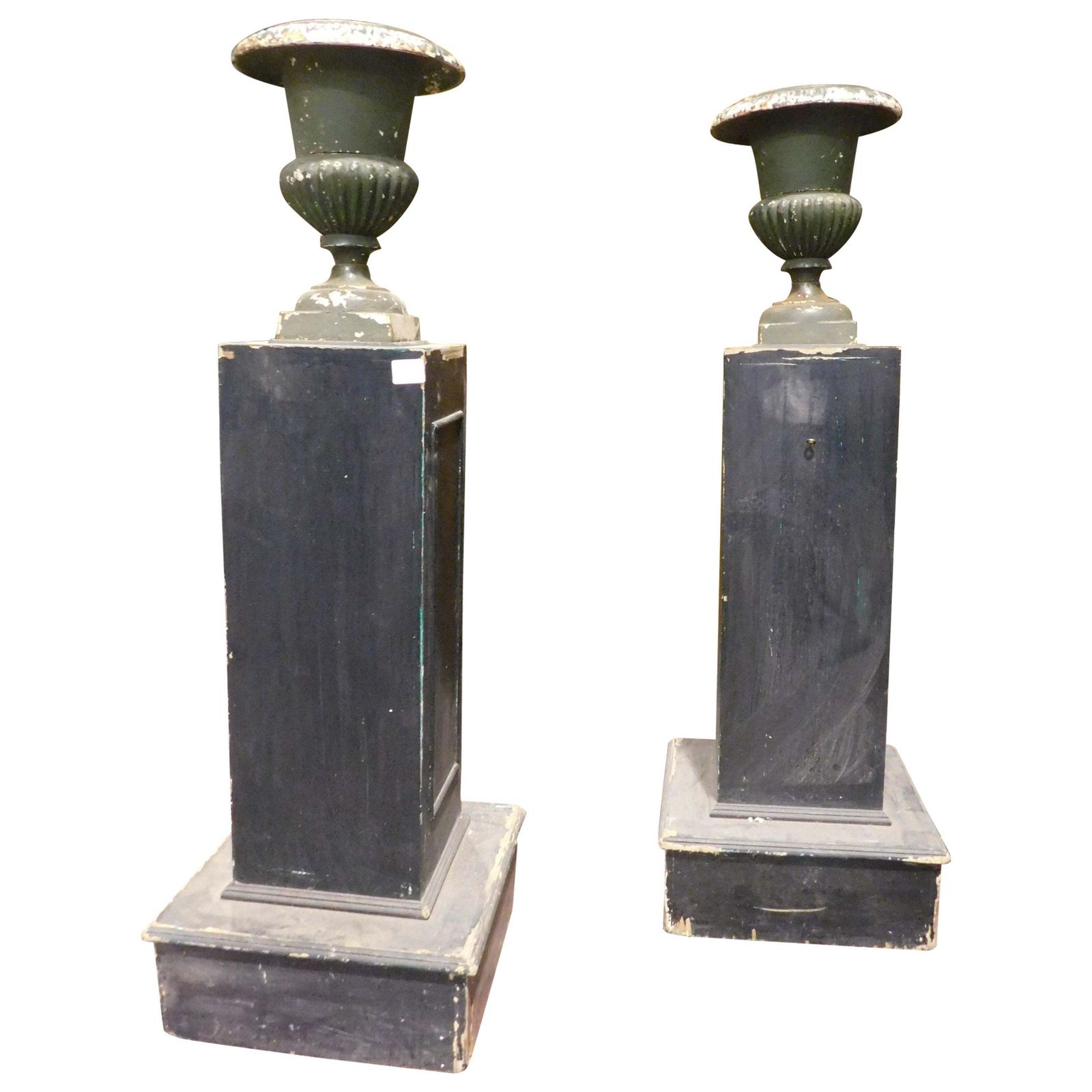 Pair Of Wooden Pillars With Attached Cast Iron Vases, Italy