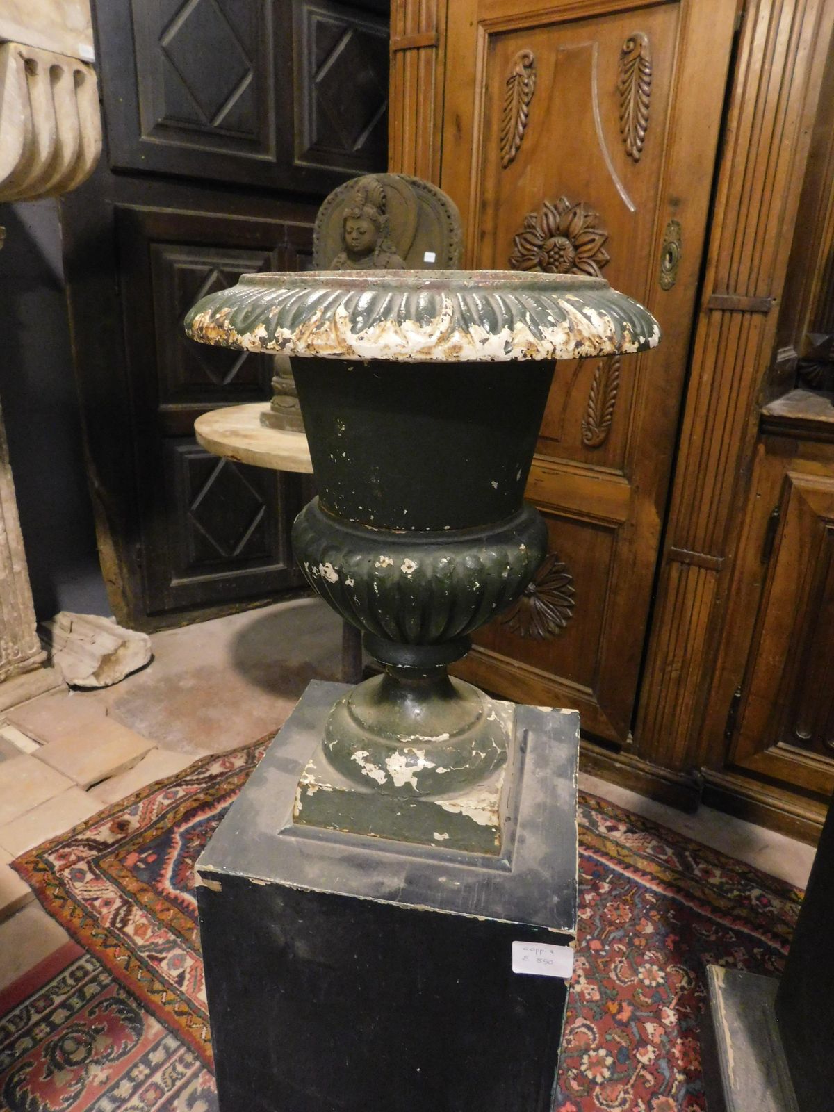 Pair Of Wooden Pillars With Attached Cast Iron Vases, Italy photo vintage