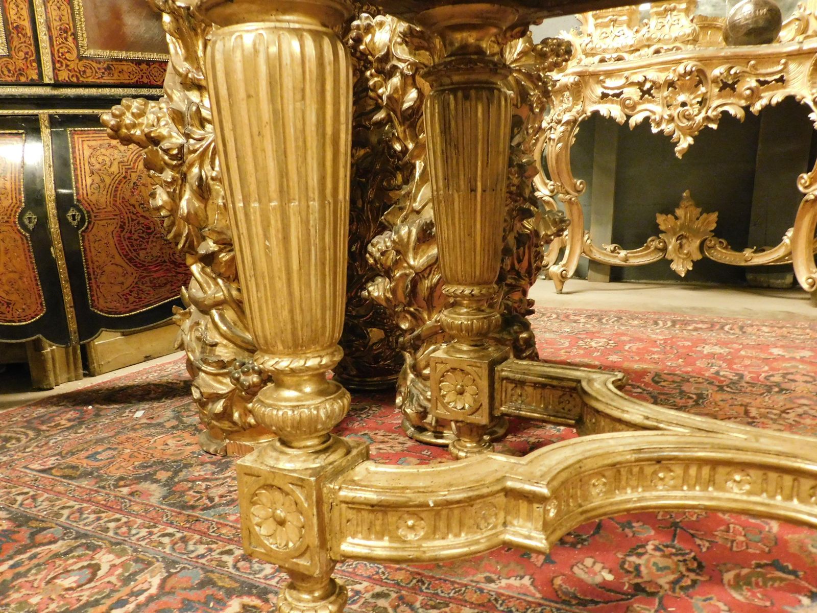 photo furniture Richly Carved And Gilded Wooden Console Table, White Marble Top, Italy