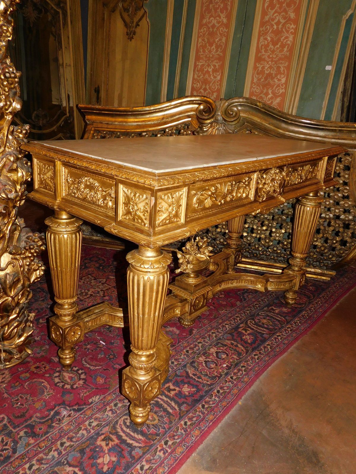 6108.0 Richly Carved And Gilded Wooden Console Table, White Marble Top, Italy photo