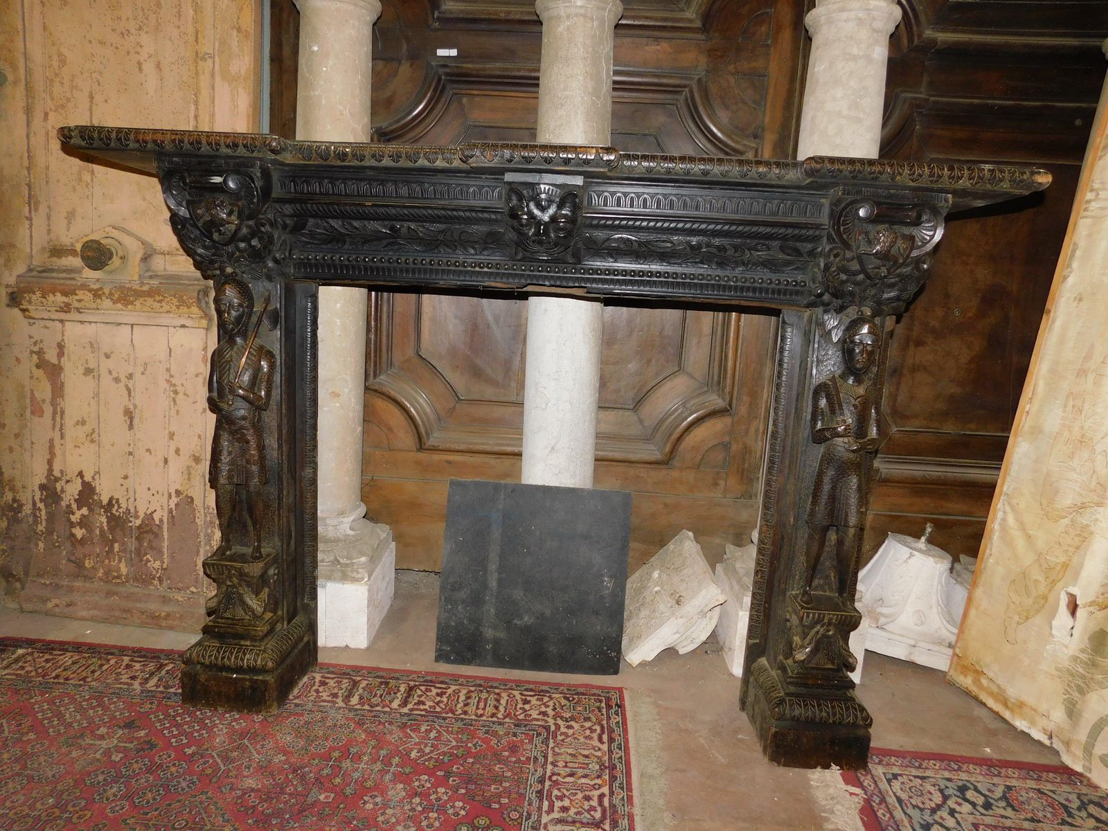 Mantle Fireplace In Solid Wood, Carved And Ebonized, Italy photo for sale