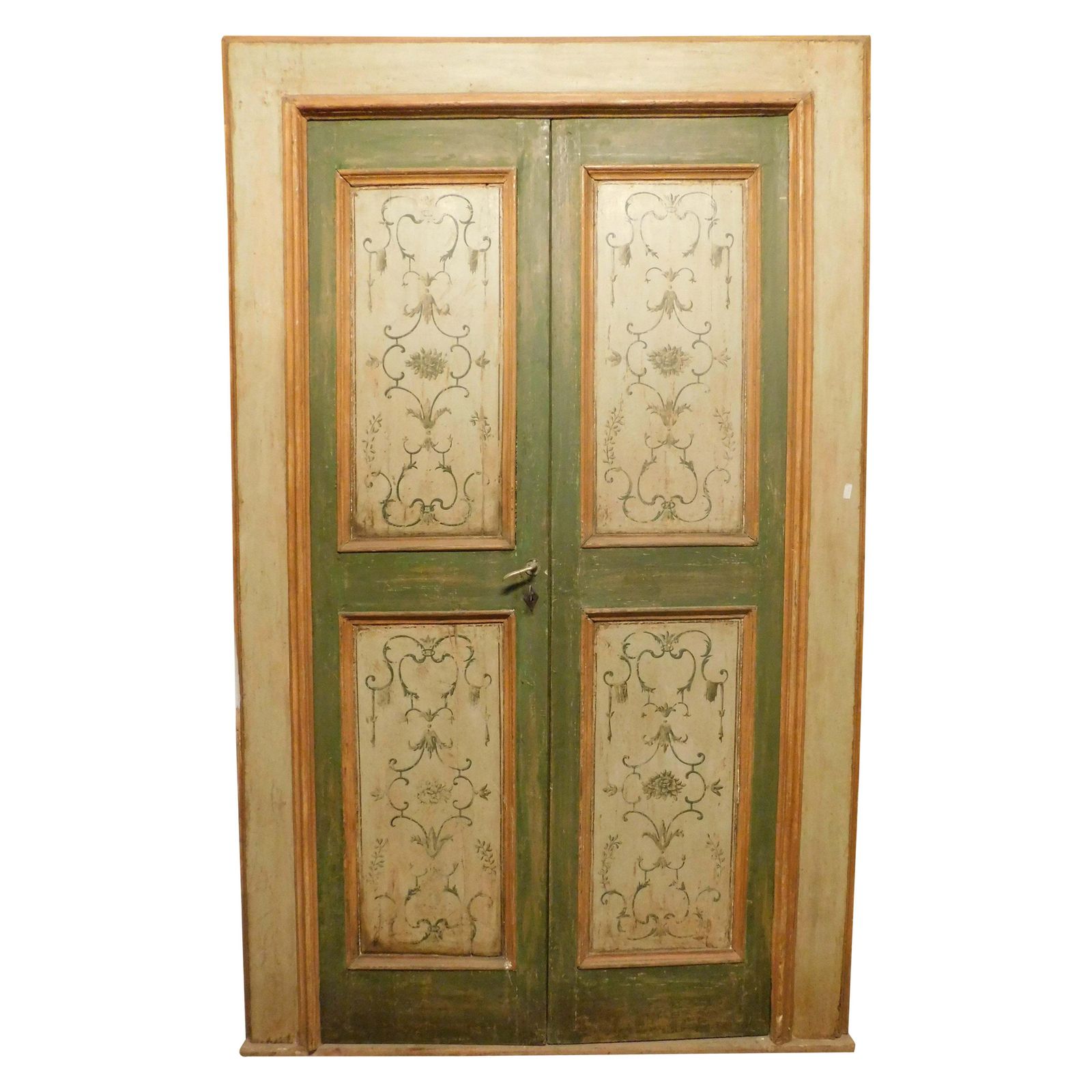 Lacquered Double Leaf Door, With Panels Painted With Floral Decorations, Italy