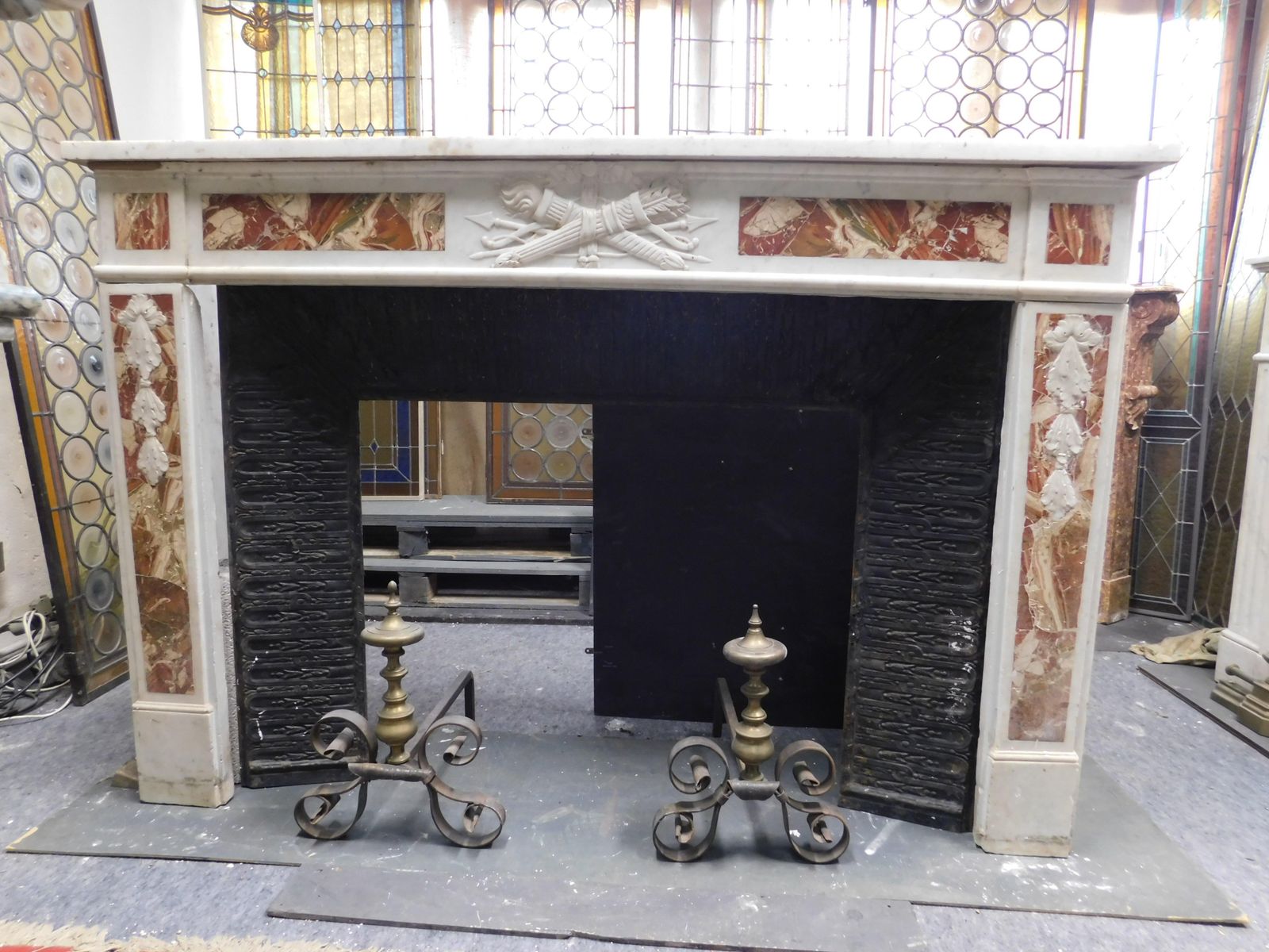 White Carrara Marble Mantle Fireplace With Red Inlays, Louis XVI, France photo furniture
