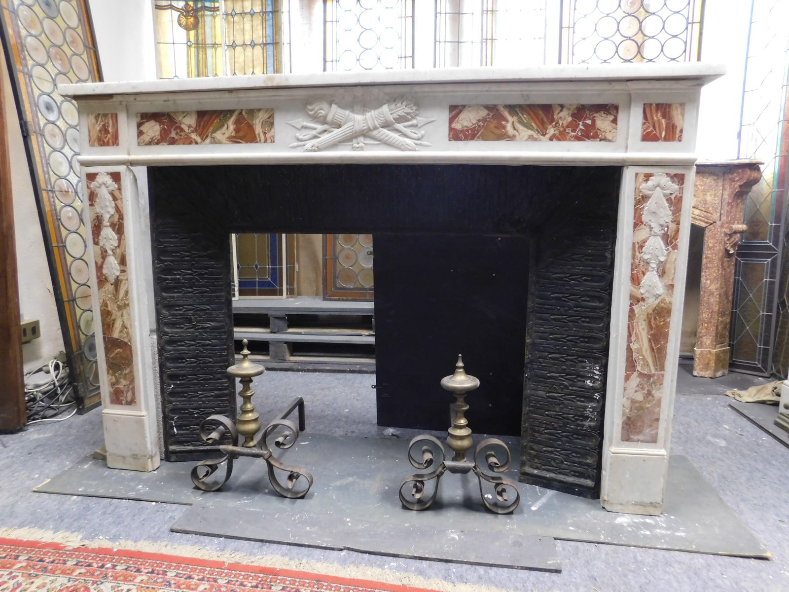 White Carrara Marble Mantle Fireplace With Red Inlays, Louis XVI, France photo 4247.0
