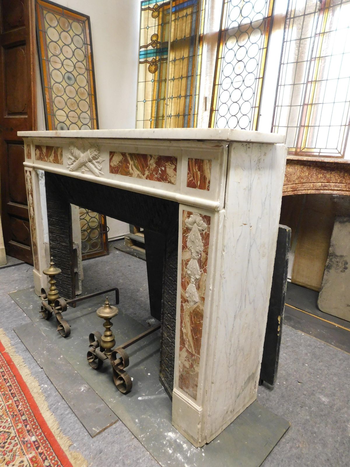 White Carrara Marble Mantle Fireplace With Red Inlays, Louis XVI, France photo buy