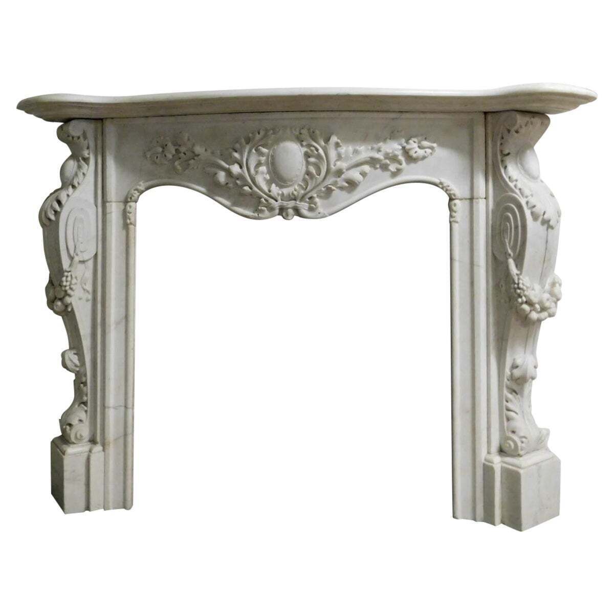 Majestic Statuary Fireplace In White Carrara Marble, Richly Carved, France