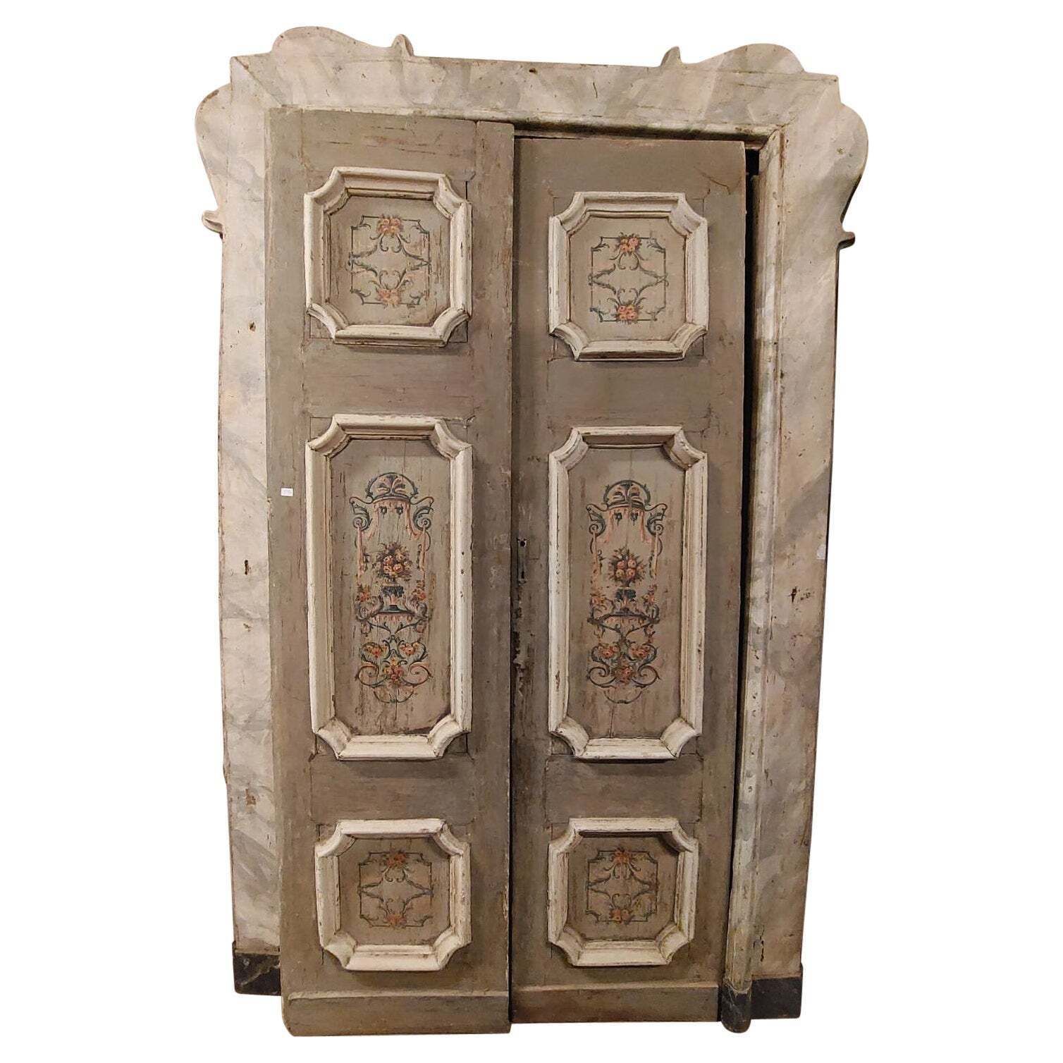 Double Leaf Door In Lacquered And Painted Wood With Original Frame, Italy