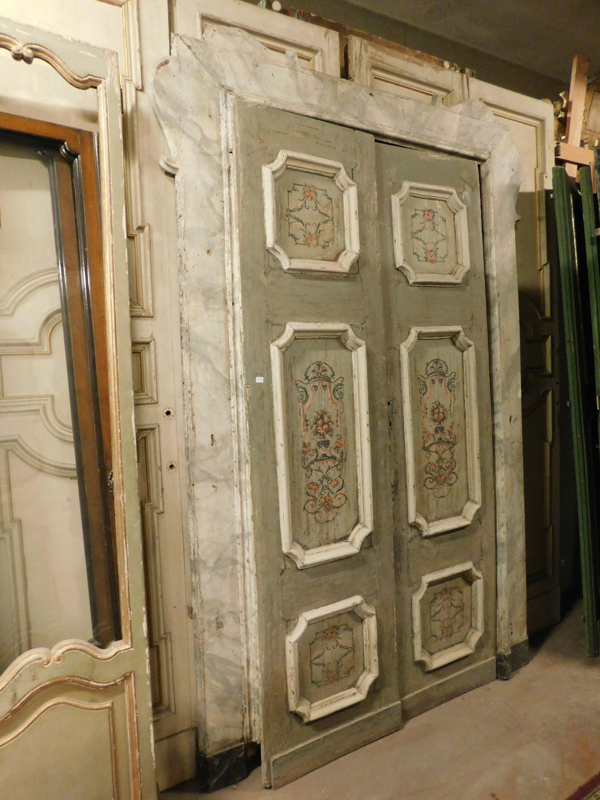 Double Leaf Door In Lacquered And Painted Wood With Original Frame, Italy photo vintage