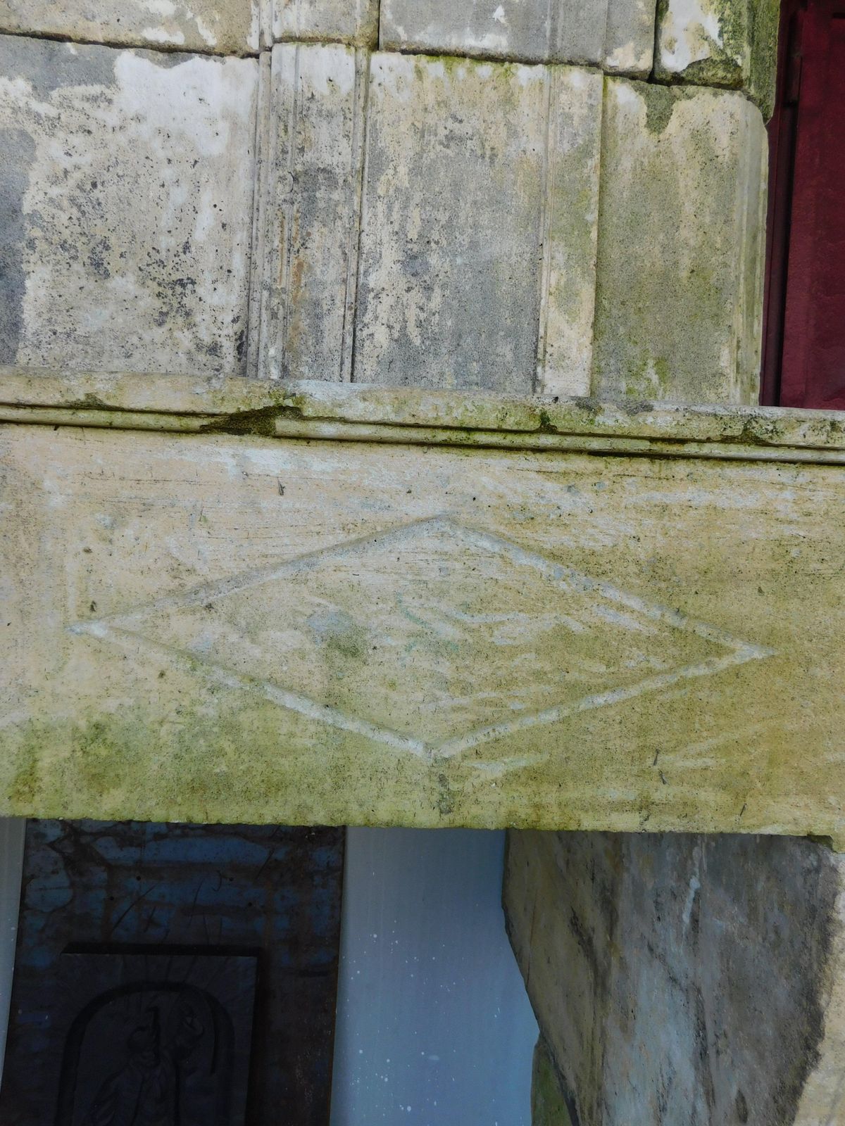 Burgundy Stone Fireplace Carved With Trumeau Above Hood, France photo vintage