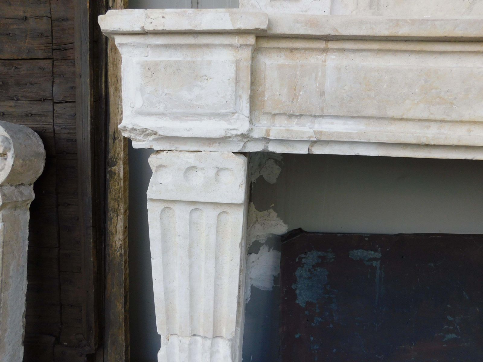 Burgundy Stone Mantel Fireplace, Carved Columns And Trumeau, France photo vintage