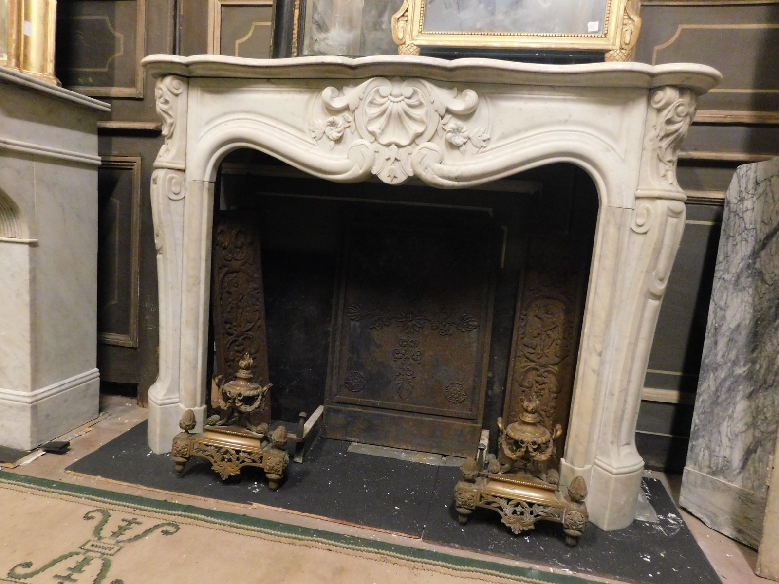 Fireplace Handle Carved With Three Shells In White Carrara Marble, France photo for sale