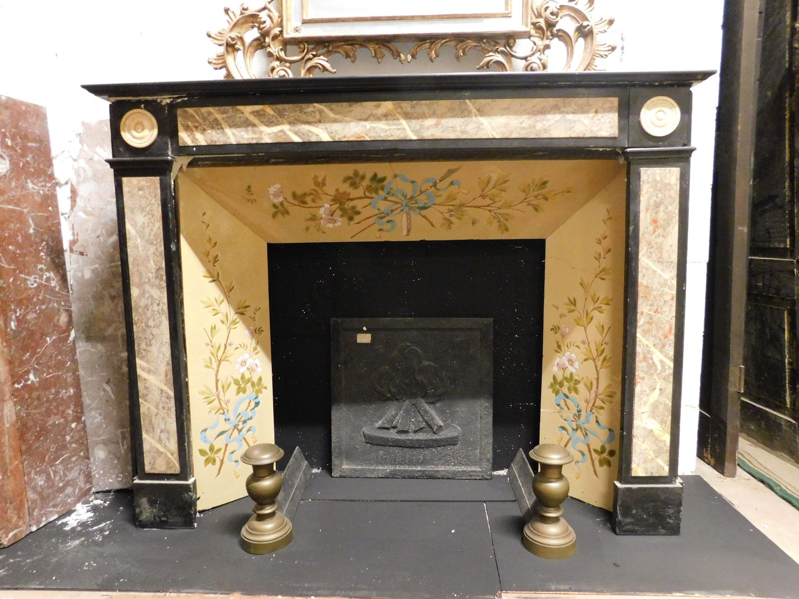 Fireplace Mantle In Black Marble With Beige Marble Inlays, Italy photo Home Fixtures
