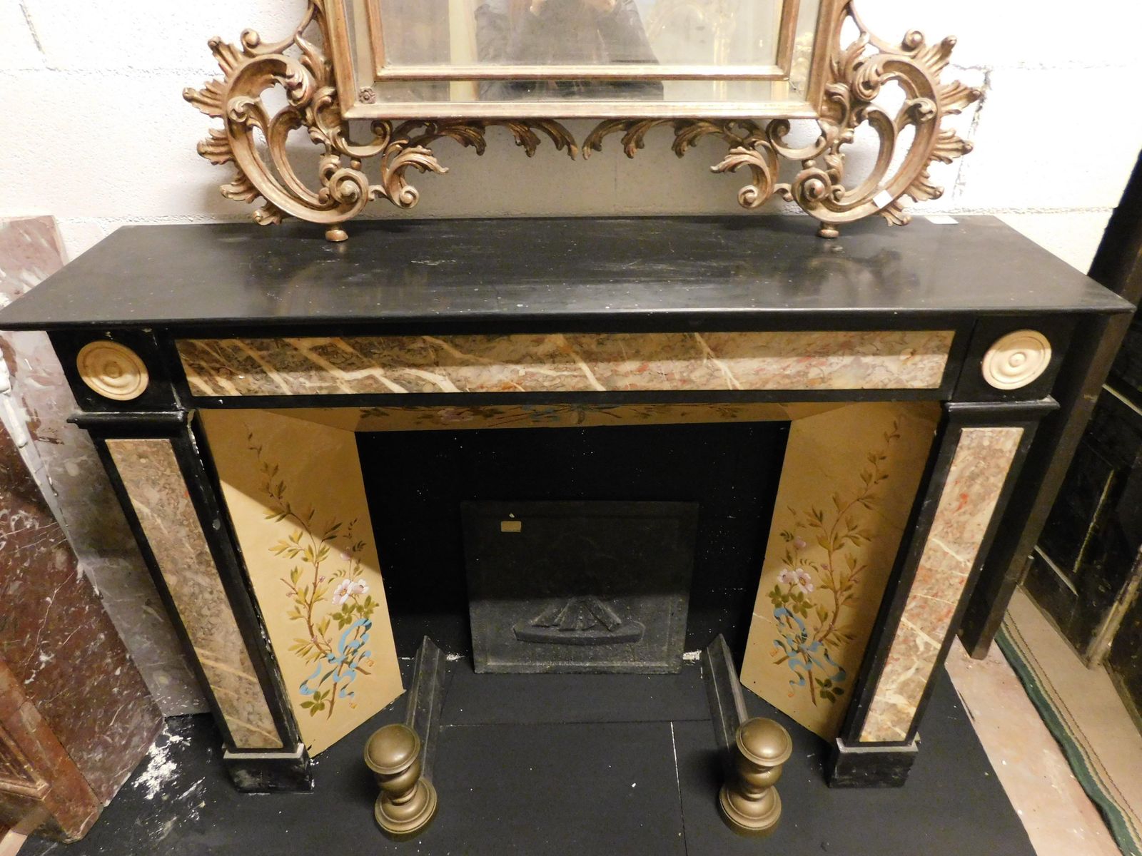 Fireplace Mantle In Black Marble With Beige Marble Inlays, Italy photo vinterior