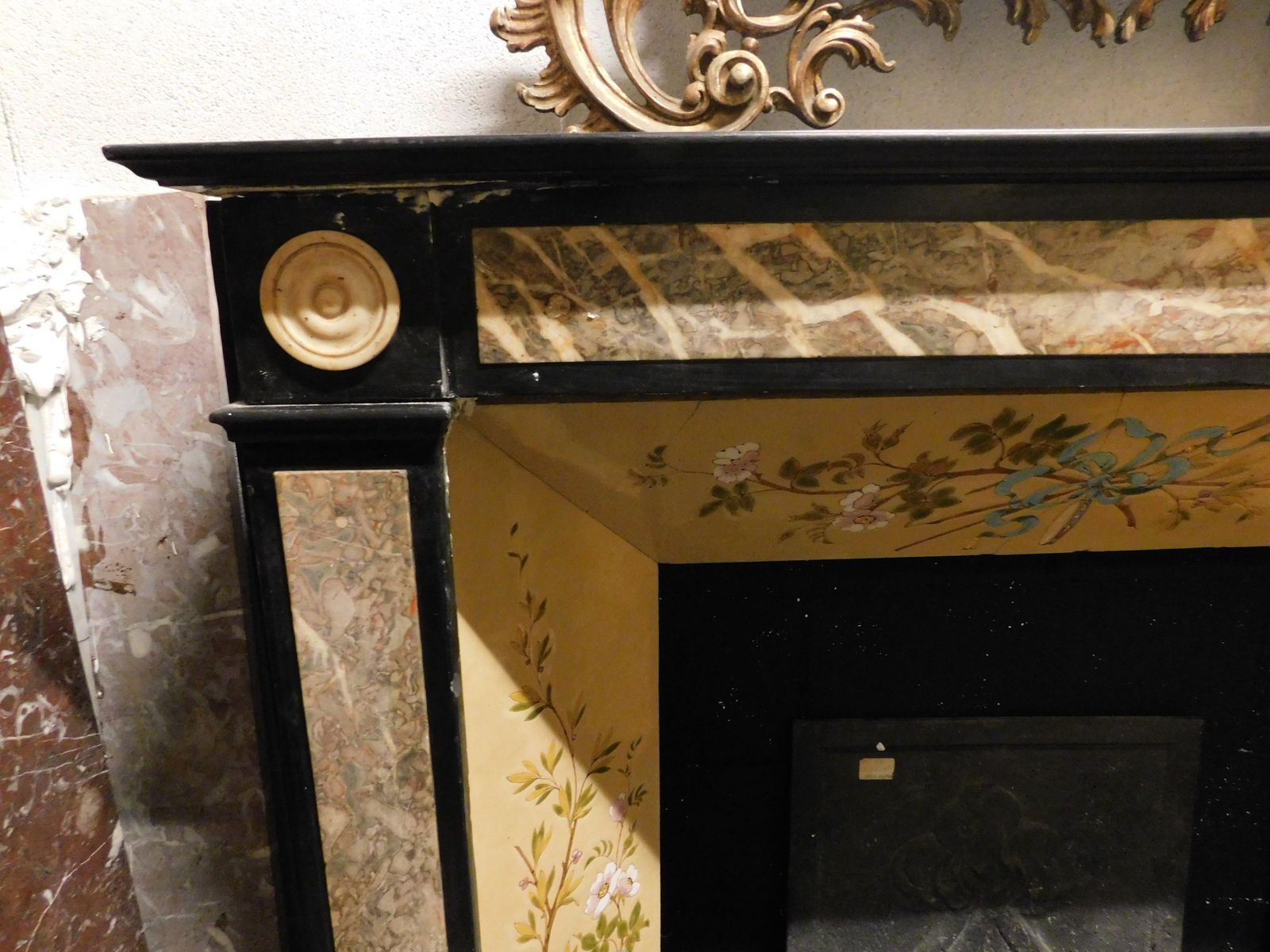 Fireplace Mantle In Black Marble With Beige Marble Inlays, Italy photo buy