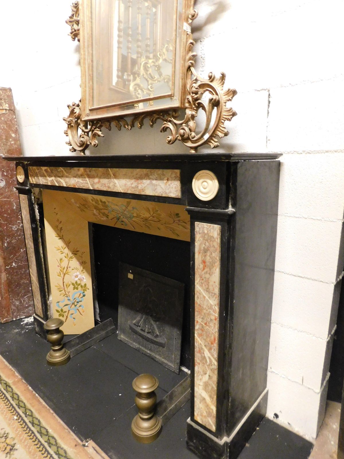 2600.0 Fireplace Mantle In Black Marble With Beige Marble Inlays, Italy photo
