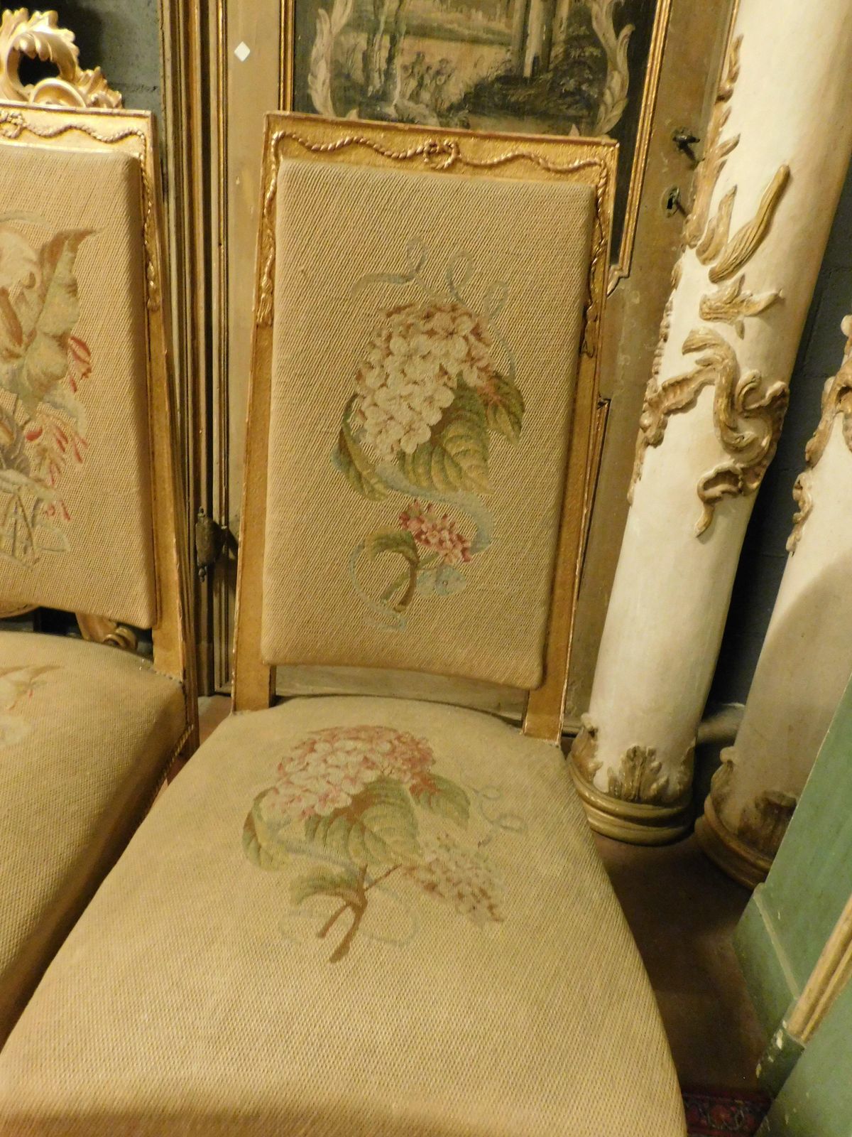 Pair Of Gilded Wooden Chairs. With Embroidered Fabric, Italy photo vinterior